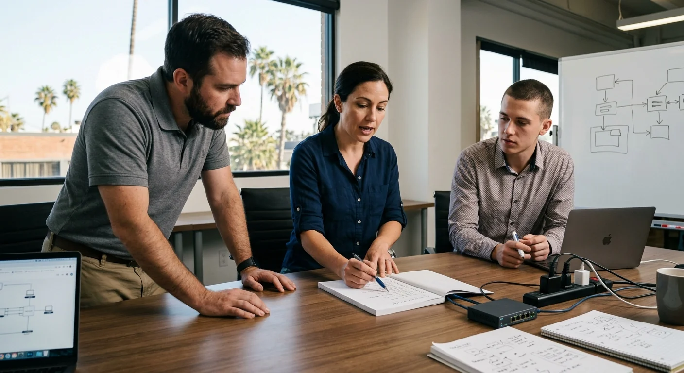 Team reviewing AI automation integration checklist and system connections during a planning session