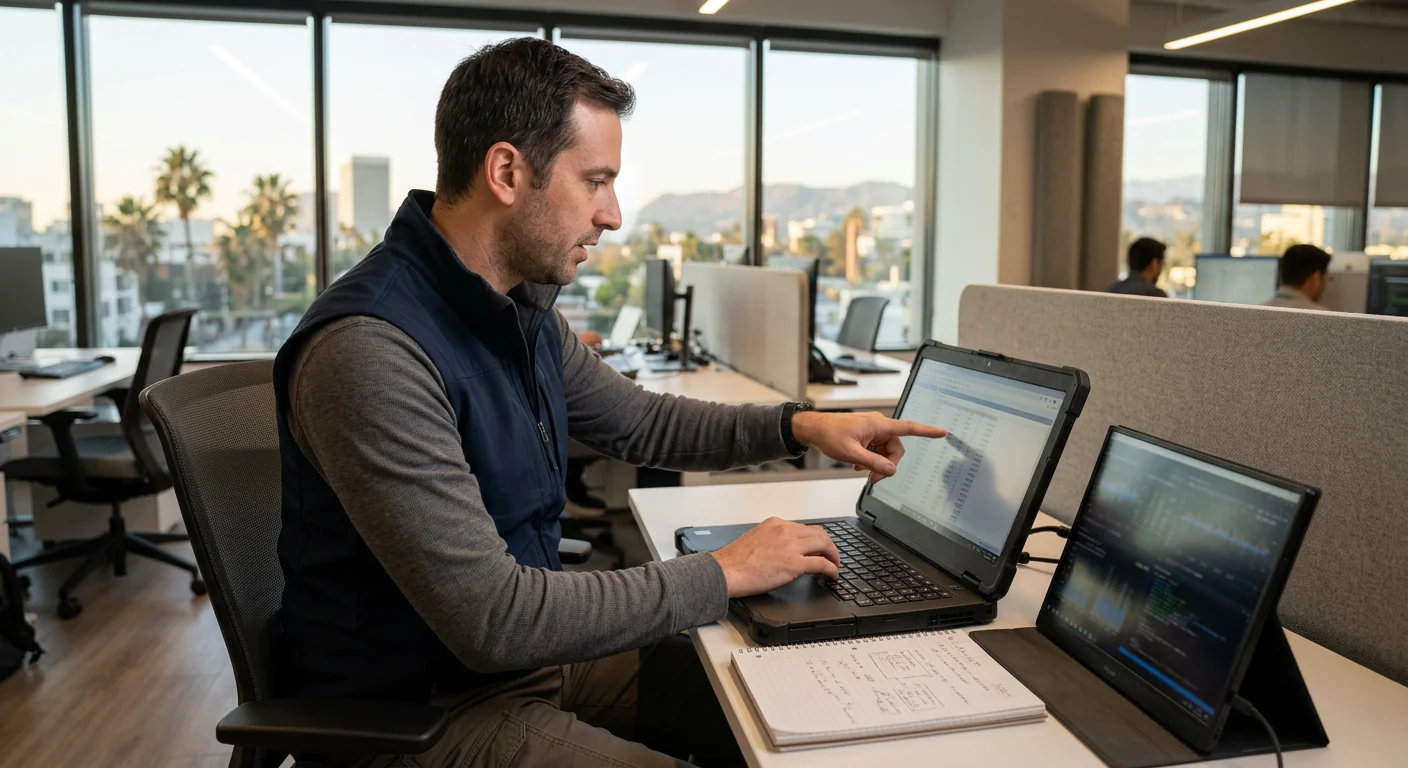 Specialist verifying automated workflow results against live data before deployment in Los Angeles